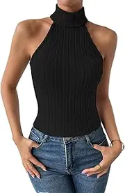 [SMIUPIN] Women Knitted Tops Sleeveless High Neck Tank Top Turtleneck Stretchable Fitted Crop Top Summer Knit Sweater Vest