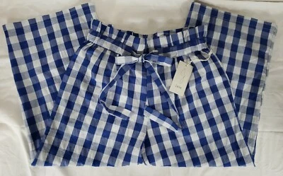 JOIE Paperbag Pleated Wide Leg Crop Tie Pant Blue Gingham Size Medium NWT
