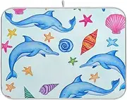 Cute Blue Dolphins Colorful Seashells Light Blue Dish Drying Mats for Kitchen Counter 18" x 24" Quick Drying Coffee Bar Mat Reversible Large Dish Drainer Mat Kitchen Accessories