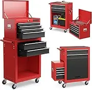 Costway 2-in-1 6-Drawer Rolling Tool Chest, Lockable Tool Box and Storage Cabinet, Removable Toolbox Organizer for Garage, Factory, Workshop, Black and Red (Black + Red)