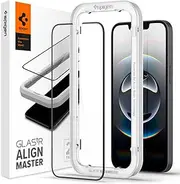 SPIGEN AlignMaster Full Cover for iPhone 16e Screen Protector, iPhone 14/13/13 Pro Screen Protector, Easy Application Auto Alignment Technology Installation Tray Oleophobic Coating 9H Tempered Glass [2-Pack] - Black