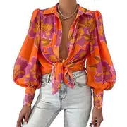 Women Lapel Puff Long Sleeve Shirt Tops Flower Printing Single-breasted Loose Fit Thin Blouse Workwear orange M