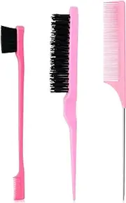 [sularpek] 3 Pieces Slick Brush Set Bristle Hair Brush, Teasing Brush Edge Brush, Rat Tail Comb, for Edge & Back Brushing, Combing Slicking Hair for Women Girls (Pink)