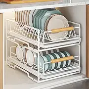 Pull Out Dish Racks Fixed with Adhesive Film, Slide Out Drawer Storage Shelves with Handle, 2 Tier Pull Out Cabinet Organizer, Heavy Duty Slide Out Pantry Drawers for Kitchen Cabinets (White)