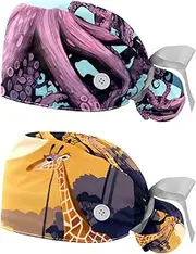 [YTYVAGT] 2-Pc,Nurse Scrub Caps,Scrub Hats with Buttons and Cotton Sweatband,Abstract Ocean Octopus