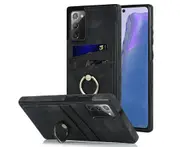 Full Protection Cover for Samsung Galaxy Note 20, 2 Cards PU Leather Case with Ring Holder - Black