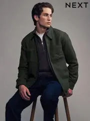 Dark Green Borg Lined Textured 100% Cotton Shacket (B62226) | $55