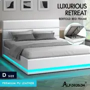 ALFORDSON Bed Frame Double Size Platform RGB LED Gas Lift Base Storage White