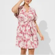 Torrid Shaded Palms Mini Rayon Slub Button Front Collared Dress Rose Sz 2(18/20)