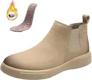[Vimlo] Men's High Top Leather Elastic Chelsea Boot Slip-On Barefoot Casual Flat Walking Booties Casual Work Dress Ankle Boots(Beige Velvet,40)