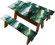 Green Mountain Forest Picnic Table Cover with Bench Covers 3 Pcs Windproof and Scratch Resistant Camping Tablecloth with Drawstring Bag Fitted Rectangle Tables and Seats-S