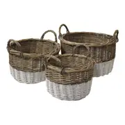 3pc Willow 22/26/31cm Baskets w/ Handle Set Round Home/Room Storage White Dip