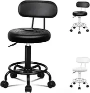 ALFORDSON Salon Stool Declan Round Swivel Drafting Rolling Stools with 47.5-62cm Height Adjustment PU Leather Spa Stool with Footrest Wheels Backrest Hair Dress Massage Barber Chair (All Black)