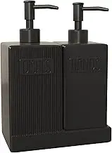Karisky Soap Dispenser with Tray, 2 Pack Ceramic Dish and Hand Soap Dispenser Set with Funnel, Non-Slip Silicone Pads, Modern Refillable Liquid Bottles for Kitchen Sink, Bathroom, Matte Black