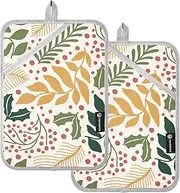 Large Pot Holder Heat Resistant Merry Christmas Gold Green Leaves Potholders for Kitchens with Pocket Hot Pot Holders Oven Mitts 2 Pack