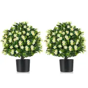 Costway2 Pack Artificial Boxwood Topiary Ball Tree with Flowers and Plastic Nursery Pot-White