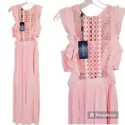 NWT APART Maxi Dress Size 6 Mesh Macrame look top flutter sleeves Bandeau slip