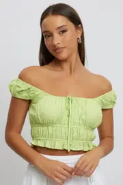 Green Ruched Top Short Sleeve Linen Blend - Size 16, Women's Crop Top