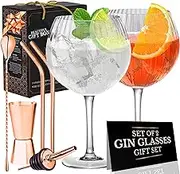 Rippled Gin Glasses for Gin Lovers-Set of 2 Handmade Rippled G&T Glasses |Rose Gold Cocktail Spoon, Double Spirit Measure, 2 Metal Straws w/Large Cocktail Glasses in Gift Box- 2022 Style Copa Glass.