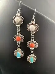 Spiny, Turquoise & Howlite Navajo Sterling Silver Dangle Earrings 01614