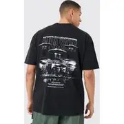 Mens Black Oversized Back Print Worldwide Spaceship T-shirt