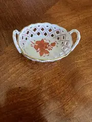 Herend China Chinese Bouquet Rust 3.5” Reticulated Basket Gold Trim