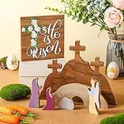 Marsui 7 Pcs Easter Scene Wooden Decorations Empty Tomb Easter Resurrection Scene Set and Cross Centerpiece Religious Christian Decorations Spring Rustic Table Centerpieces