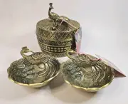 Jewel of Mumbai Peacock Trinket Box & Double Peacock Trinket Tray Gold Tone NWT