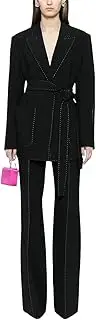 [Zadaos] Women's Suit Set Contrast Stitching Belted Blazer Pants Suit 2Pcs
