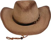 [YiyiLai] Women's Summer Straw Cowboy Cowgirl Hat Sun Hats W/Chin Strap Wide Brim Beach Holiday Straw Cap with Removable Band, Foldable UV UPF50+