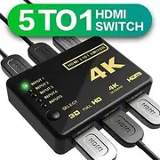 (5-In/1-Out) HDMI Switcher Supports 4K Ultra HD Resolution Auto Switcher Box Audio/Video Adapter for TV Stick TV Box PC Stick Laptop Gaming Station Supports 4
