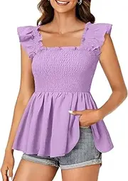[LYANER] Women's Square Neck Ruffle Cap Sleeve Smocked Peplum Top Babydoll Shirred Blouse Cami Tank