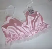 PALE PINK shiny SATIN shorty camisole CROP TOP natural lace new Made in France