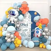 155pcs Space Balloon Garland Arch Kit Outer Space Birthday Decorations with Blue Yellow Silver Galaxy Astronaut Rocket Foil Balloons for Boys Kids Themed Birthday Party Decoration Supplies