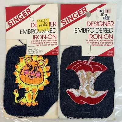 VTG Embroidered Iron-On Patches Lion & Apple on Denim NOS 3” x 4” Singer