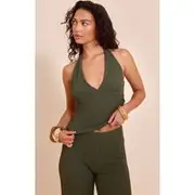 Khaki Halter Neck Textured Plunge Crop Top, Khaki