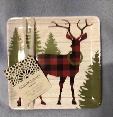 Cynthia Rowley Country Deer Christmas Tidbit Plates Set Of 4 New