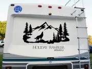 Howling Wolf Mountain Scene Vinyl Decal V5 | RV Camping Graphics Die Cut Sticker