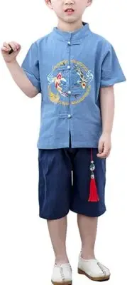 Kids Boys Tang Suit Set Chinese Hanfu Outfit T-shirt Shorts Cotton Linen Casual