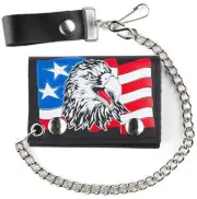 GENUINE LEATHER USA PATROTIC EAGLE TRI-FOLD MEN WALLET W SNAP ON CHAIN GI584 US