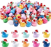 50pcs Mini Ducks, 10 Colors Resin Mini Christmas Ducks Little Small Tiny Plastic Ducks with Christmas Hat for Christmas Party Bag Fillers Indoor Decoration