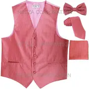 New Men's Tuxedo Vest Vertical Stripes Necktie, Bowtie & Hankie set party Coral
