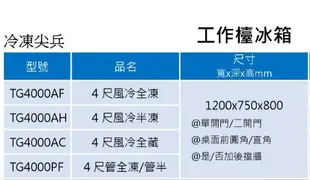 工作台冰箱 營業用 得台 不銹鋼工作台冰箱 4尺 風冷全藏 TG4000AC 台灣製