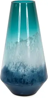 Howard Elliot Small Aqua Bulbous Glass Vase with Tapered Sides, Hand Crafted Waves Vase, Modern Boho Aesthetic Decorative Flower Vase for Weddings, Floral Arrangements & Decoration, 13 x 6.75 Inch