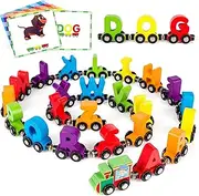 [Vanmor] 27 PCS Magnetic Wooden Alphabet Train Sets, ABC Letter Learning Toy Trains with 42 PCS Flash Cards, 1 Engine, 1 Storage Bag, Toddlers Kids Boys Girls Educational Toys Aged 3-7 New Year's Gifts