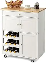Giantex Kitchen Island Trolley, Rolling Cart with Ample Tabletop, 3 Doors Mobility Storage Cabinet w/Large Drawer & Wine Racks, Portable Workbench, Bar Serving Cart for Dining Room, (White)