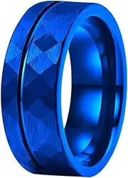 [Wozya] Blue Tungsten Hammer Ring Men Women Flat Engagement Wedding Band Gift Jewelry Comfort Fit