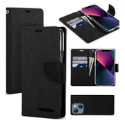 Goospery Canvas Apple iPhone 13 Wallet Leather Case Denim Stand Flip Fabric Pouch Credit Card Slots Cover - Black