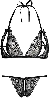 [Lovehoney] Lingerie Peek-a-Boo Halter Neck Lace Bra Set - Matching Crotchless G-String - Sexy Lingerie for Women - Sizes: 8-22