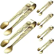 6pcs Mini Stainless Steel Ice Cube Clips for Food Snack Serving Metal Tongs for Appetizers Elegant Rose Pattern Design